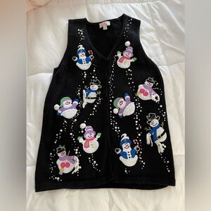 Quacker Factoey XS black ramie/cotton vest with embellished snowmen